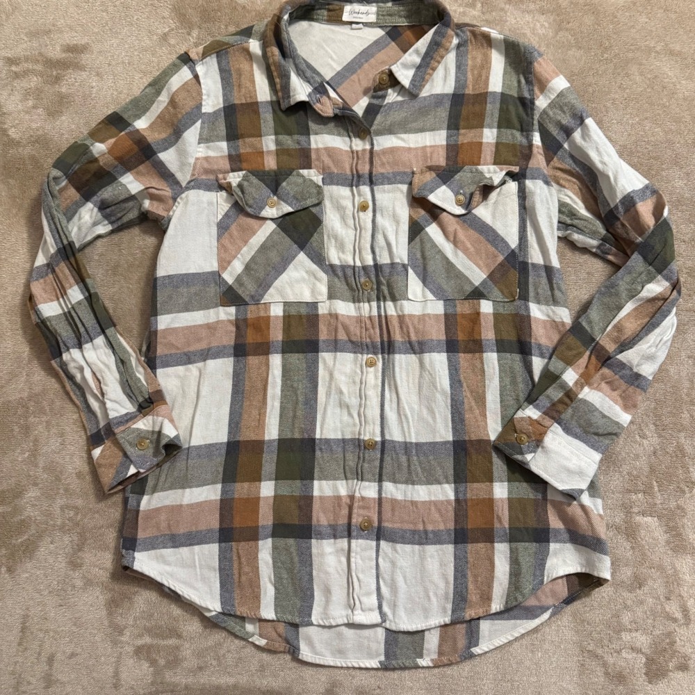 Weekends Everyday Plaid Flannel Shirt Taupe Green Combo Large Long Sleeve